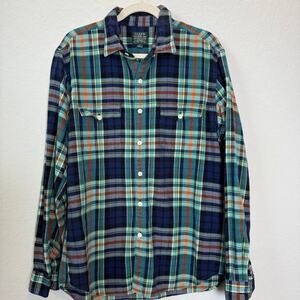 J Crew Men's Sporting Blue Green Flannel Button Down Size L